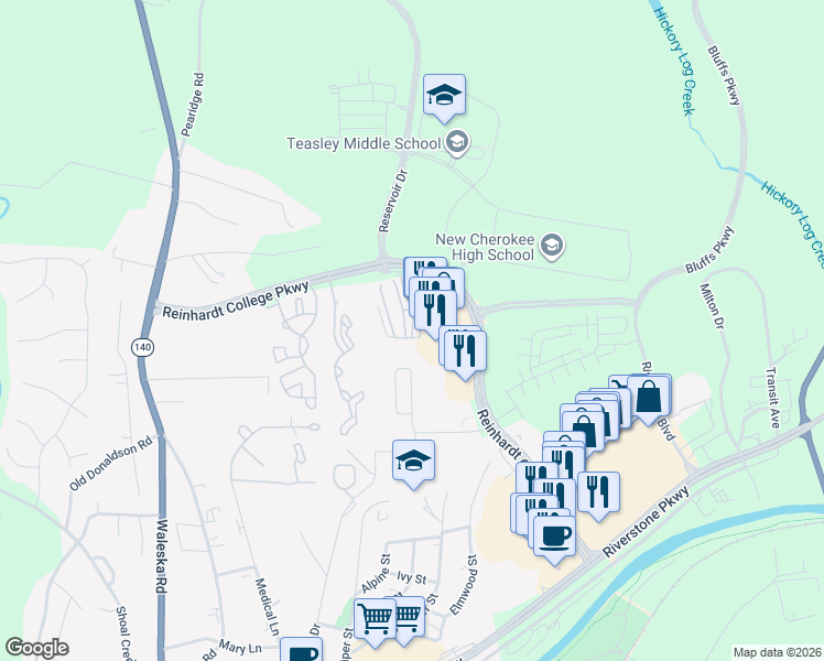map of restaurants, bars, coffee shops, grocery stores, and more near 160 Riverstone Commons Circle in Canton