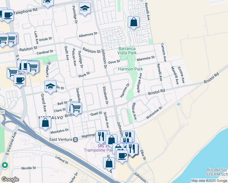map of restaurants, bars, coffee shops, grocery stores, and more near 2188 Johnson Drive in Ventura