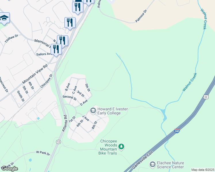 map of restaurants, bars, coffee shops, grocery stores, and more near 120 N Avenue in Gainesville