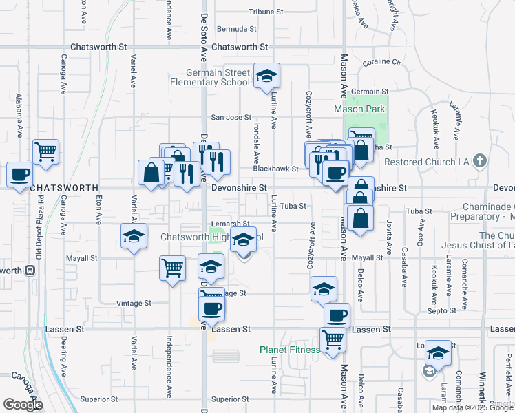 map of restaurants, bars, coffee shops, grocery stores, and more near 10235 Lurline Avenue in Los Angeles