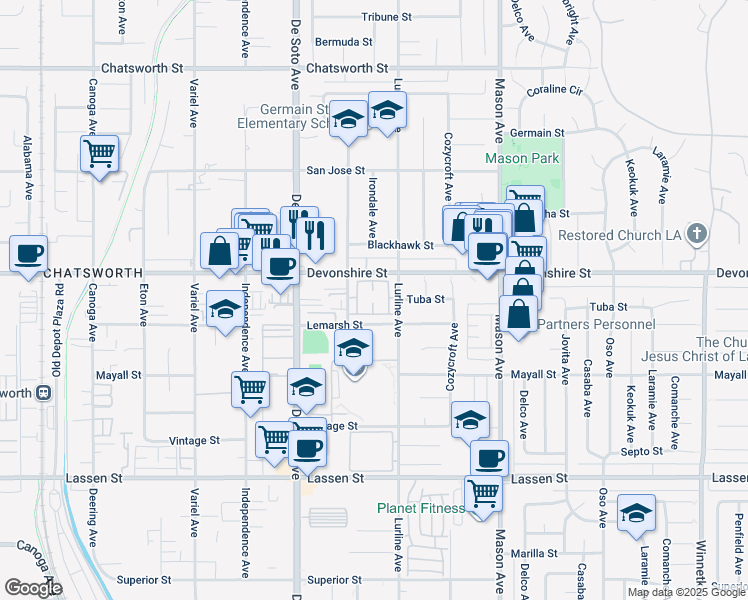 map of restaurants, bars, coffee shops, grocery stores, and more near 20726 Devonshire Street in Los Angeles