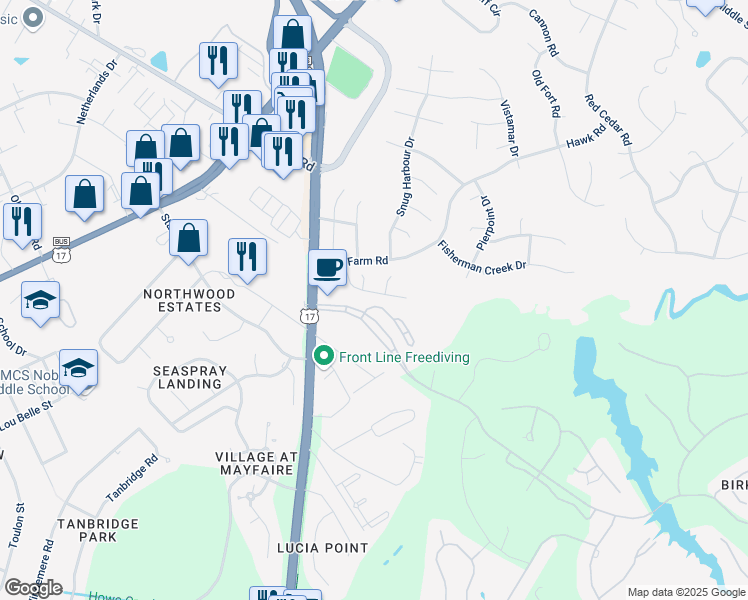 map of restaurants, bars, coffee shops, grocery stores, and more near 7106 Key point drive in Wilmington