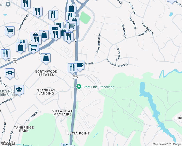 map of restaurants, bars, coffee shops, grocery stores, and more near 7106 Key point drive in Wilmington