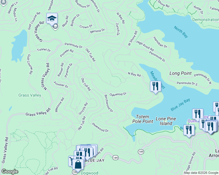 map of restaurants, bars, coffee shops, grocery stores, and more near 27115 Sugar Pine Drive in Lake Arrowhead