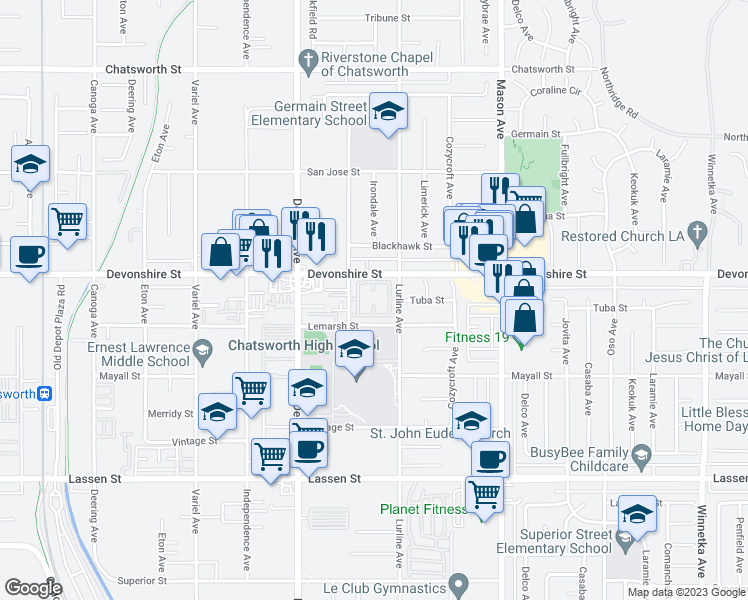 map of restaurants, bars, coffee shops, grocery stores, and more near 20721 Lemarsh Street in Los Angeles
