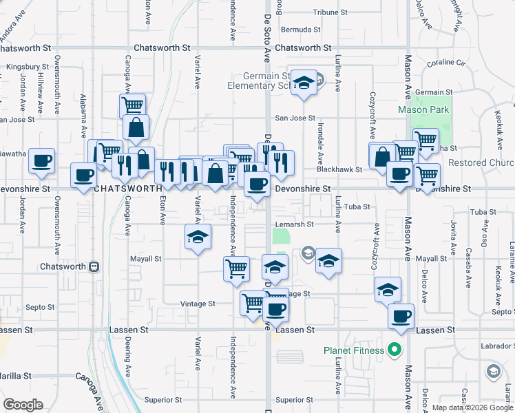 map of restaurants, bars, coffee shops, grocery stores, and more near 20936 Devonshire Street in Los Angeles