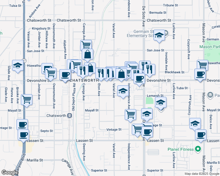 map of restaurants, bars, coffee shops, grocery stores, and more near 10229 Variel Avenue in Los Angeles
