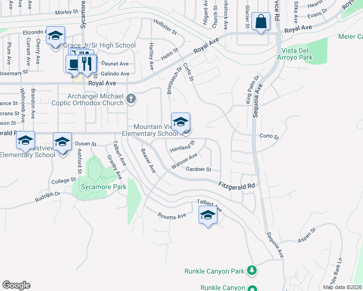 map of restaurants, bars, coffee shops, grocery stores, and more near 2925 Fletcher Street in Simi Valley