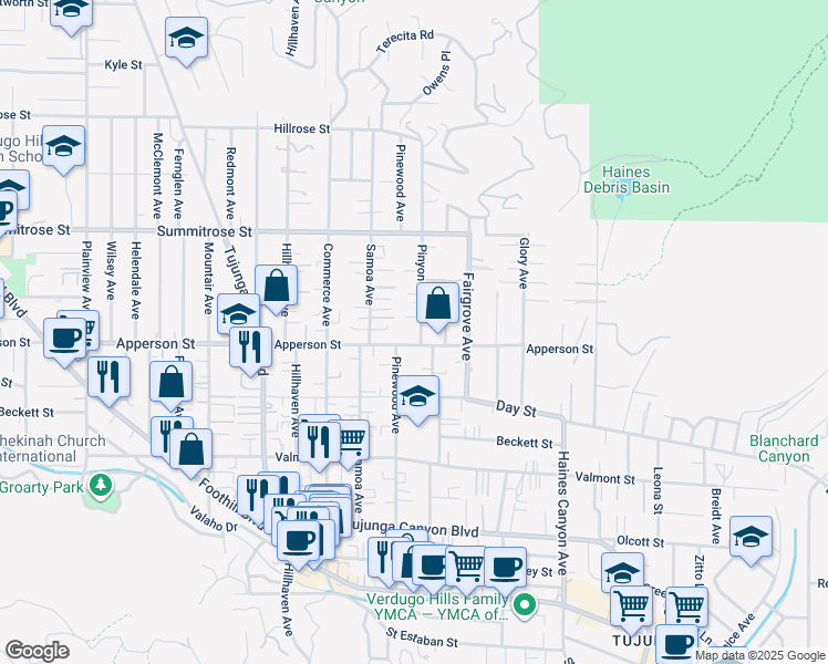 map of restaurants, bars, coffee shops, grocery stores, and more near 10317 Pinyon Avenue in Los Angeles
