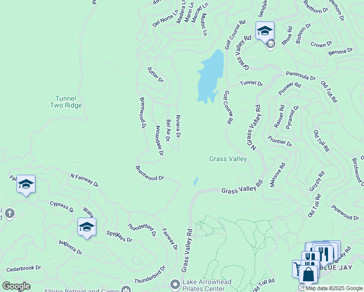 map of restaurants, bars, coffee shops, grocery stores, and more near 361 Riviera Drive in Lake Arrowhead