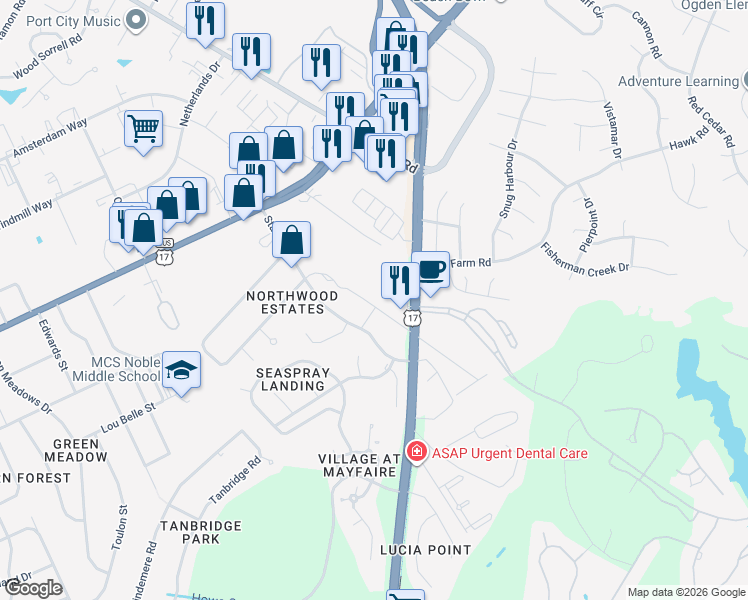 map of restaurants, bars, coffee shops, grocery stores, and more near 330 Military Cutoff Rd in Wilmington