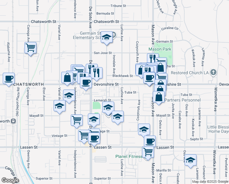 map of restaurants, bars, coffee shops, grocery stores, and more near 10235 Lurline Avenue in Los Angeles