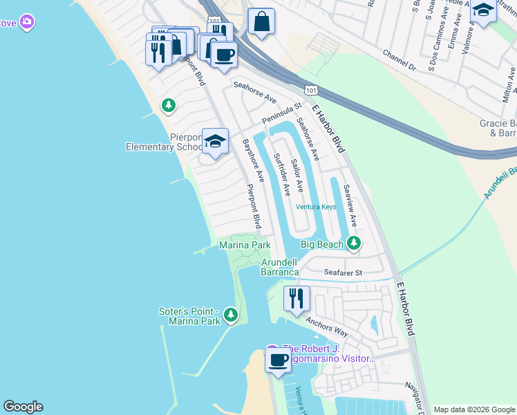 map of restaurants, bars, coffee shops, grocery stores, and more near 2827 Pierpont Boulevard in Ventura