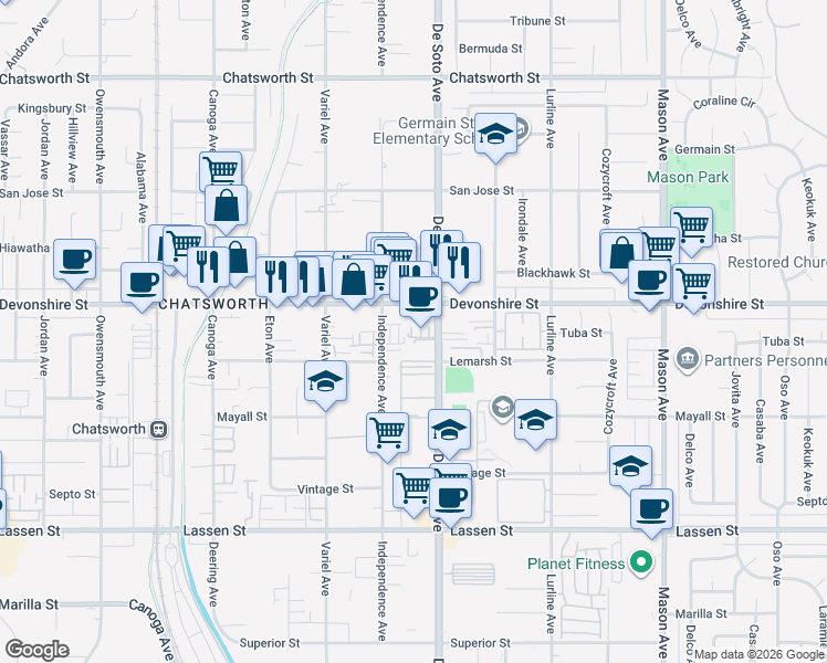 map of restaurants, bars, coffee shops, grocery stores, and more near 10237 De Soto Avenue in Los Angeles