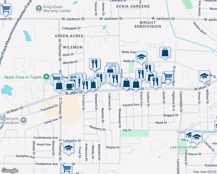 map of restaurants, bars, coffee shops, grocery stores, and more near 2230 Rabbit Drive in Tupelo