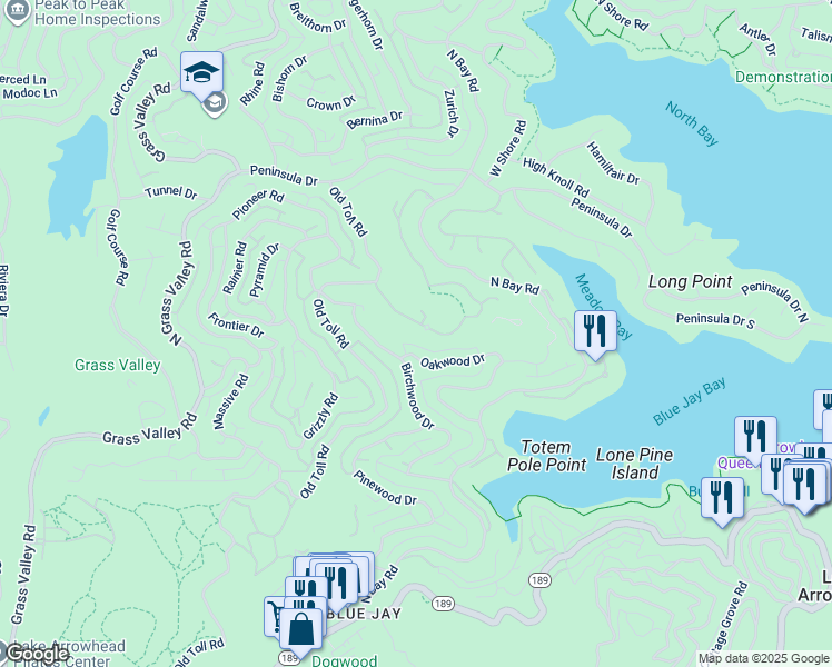 map of restaurants, bars, coffee shops, grocery stores, and more near 27114 Sugar Pine Drive in Lake Arrowhead