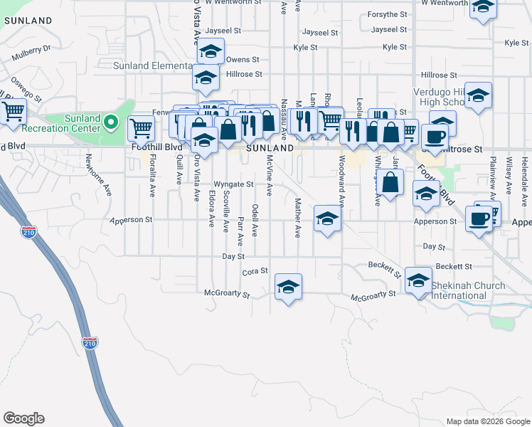 map of restaurants, bars, coffee shops, grocery stores, and more near 10309 McVine Avenue in Los Angeles
