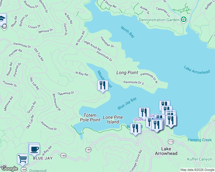 map of restaurants, bars, coffee shops, grocery stores, and more near in Lake Arrowhead