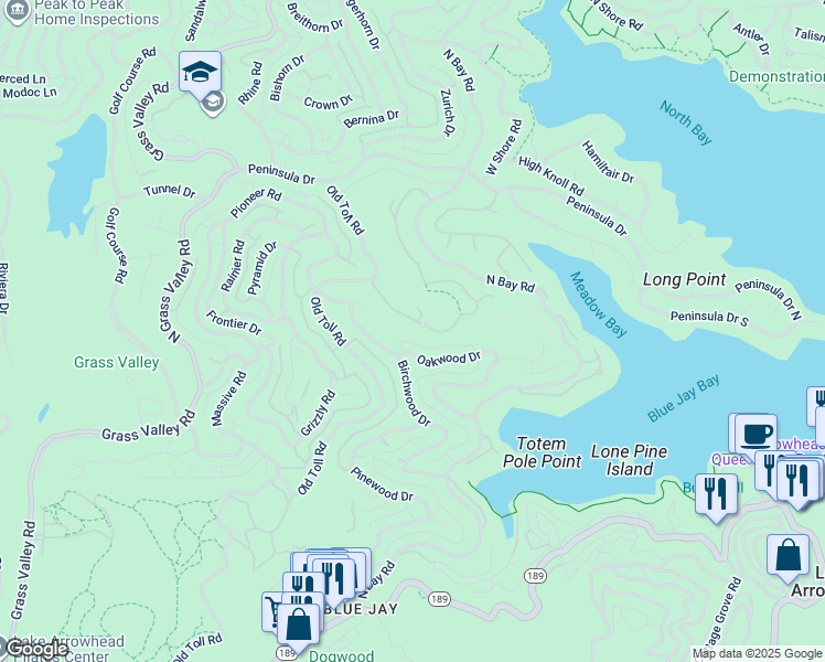 map of restaurants, bars, coffee shops, grocery stores, and more near 27114 Sugar Pine Drive in Lake Arrowhead