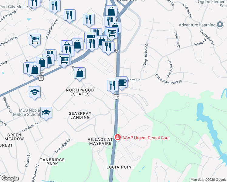 map of restaurants, bars, coffee shops, grocery stores, and more near 330 Military Cutoff Road in Wilmington