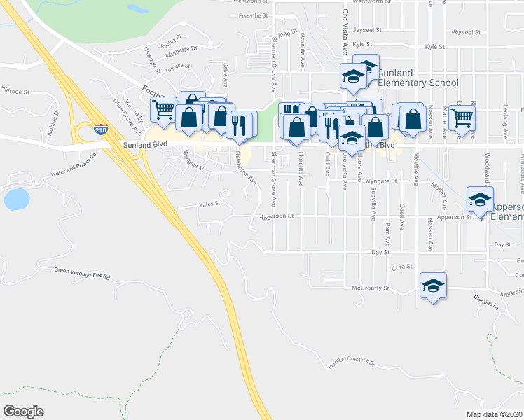 map of restaurants, bars, coffee shops, grocery stores, and more near 10316 Newhome Avenue in Sunland