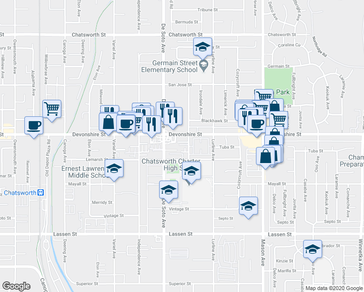 map of restaurants, bars, coffee shops, grocery stores, and more near 20812 Devonshire Street in Los Angeles