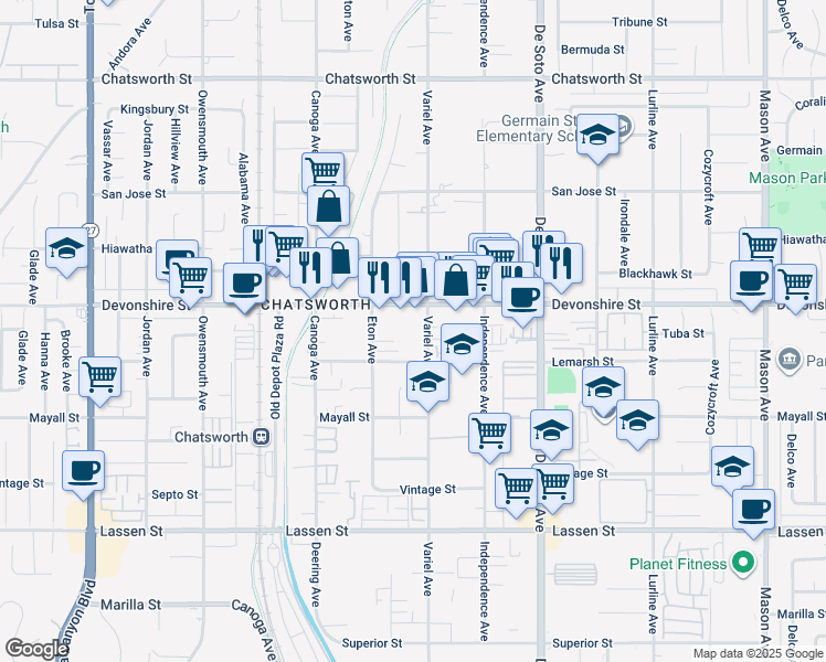 map of restaurants, bars, coffee shops, grocery stores, and more near 10229 Variel Avenue in Los Angeles