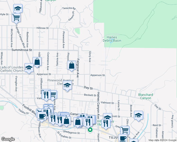 map of restaurants, bars, coffee shops, grocery stores, and more near 10317 Glory Avenue in Los Angeles