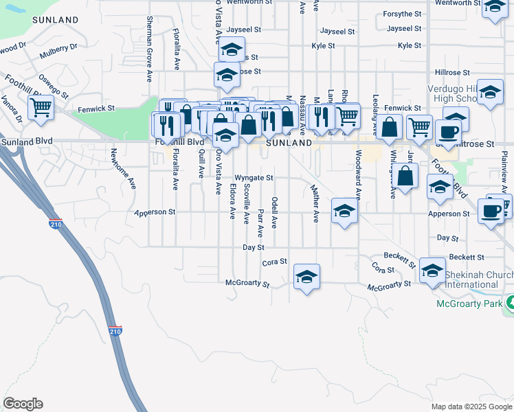 map of restaurants, bars, coffee shops, grocery stores, and more near 10309 Parr Avenue in Los Angeles