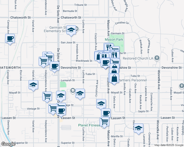 map of restaurants, bars, coffee shops, grocery stores, and more near 20625 Tuba Street in Los Angeles