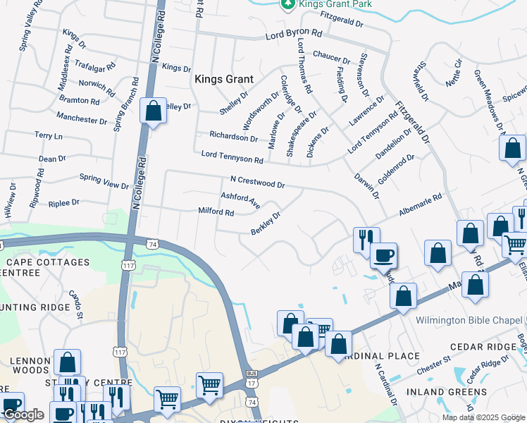 map of restaurants, bars, coffee shops, grocery stores, and more near 341 Milford Road in Wilmington