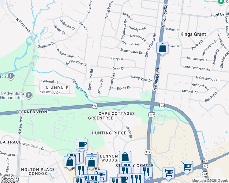 map of restaurants, bars, coffee shops, grocery stores, and more near 631 Ripwood Road in Wilmington