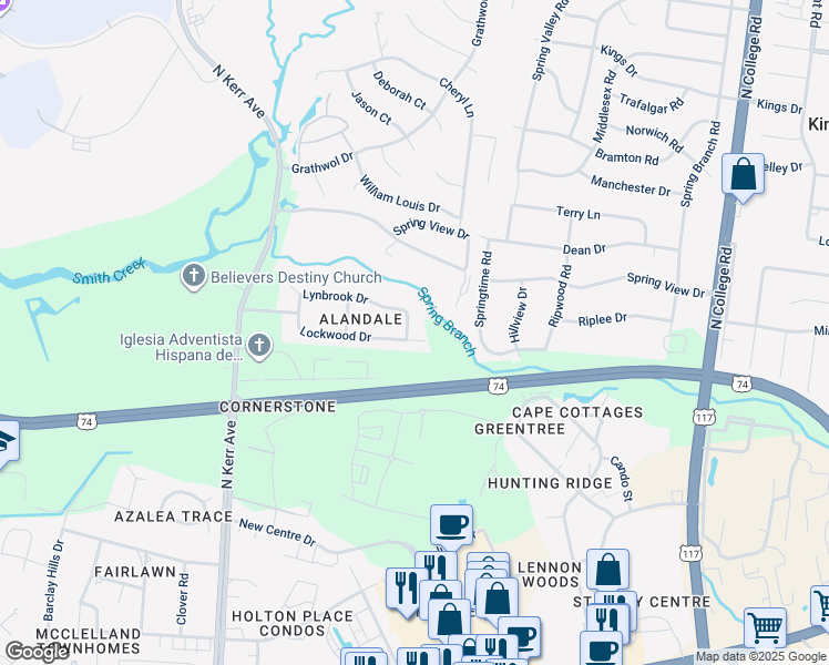 map of restaurants, bars, coffee shops, grocery stores, and more near 4301 Lockwood Drive in Wilmington