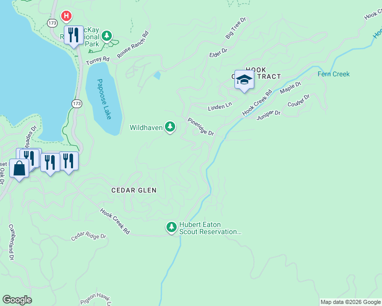 map of restaurants, bars, coffee shops, grocery stores, and more near 29558 Mahogany Lane in Lake Arrowhead