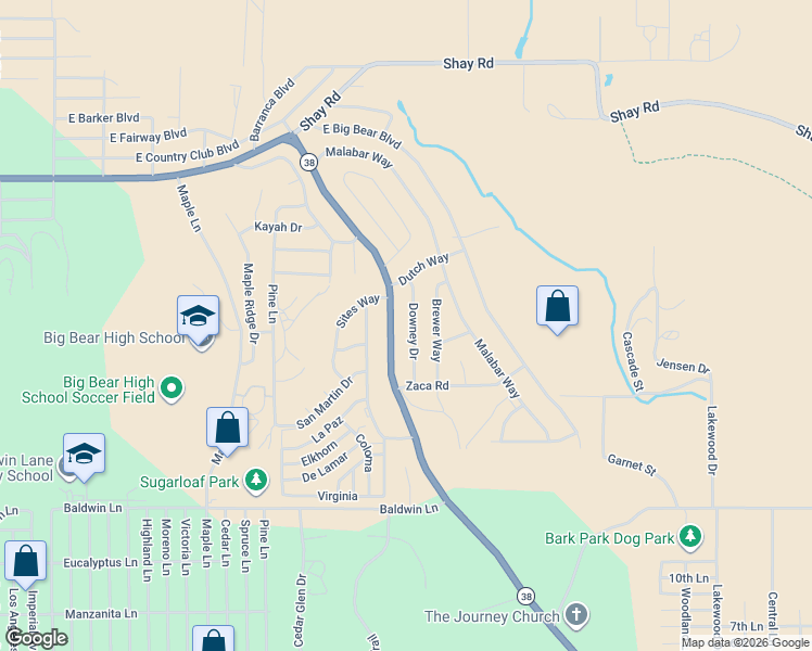 map of restaurants, bars, coffee shops, grocery stores, and more near 333 Downey Drive in Big Bear