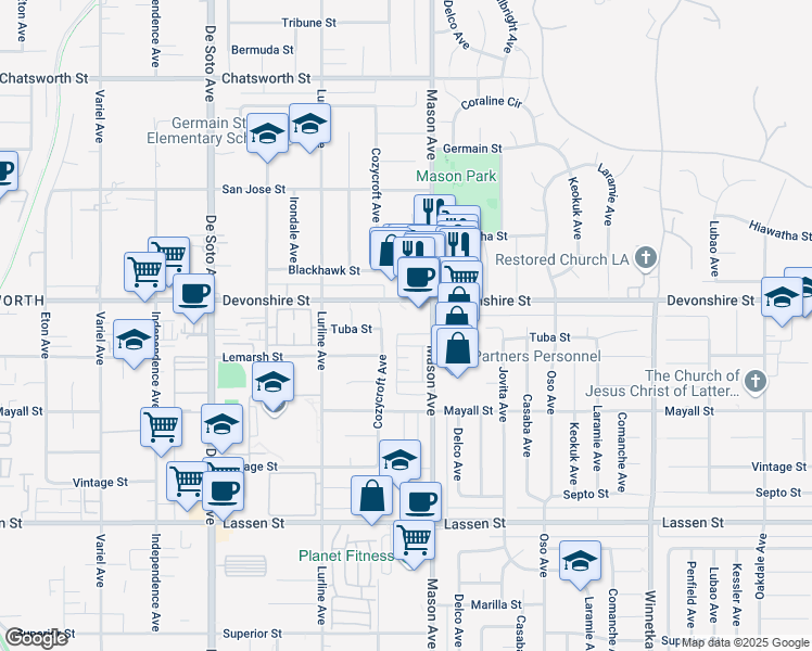 map of restaurants, bars, coffee shops, grocery stores, and more near 20520 Devonshire Street in Los Angeles