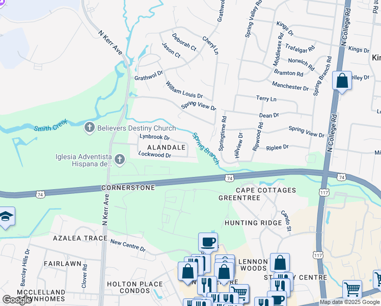 map of restaurants, bars, coffee shops, grocery stores, and more near 4301 Lockwood Drive in Wilmington
