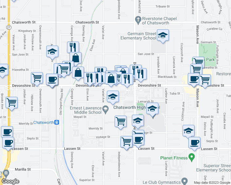 map of restaurants, bars, coffee shops, grocery stores, and more near 10235 Independence Avenue in Los Angeles