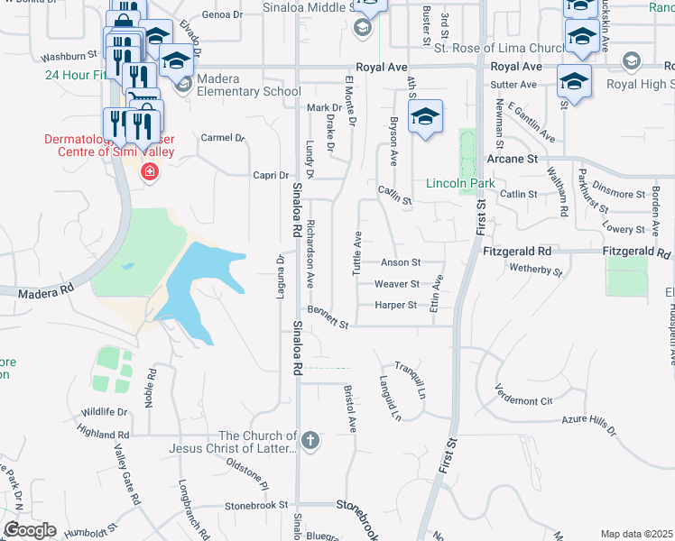 map of restaurants, bars, coffee shops, grocery stores, and more near 978 El Monte Drive in Simi Valley