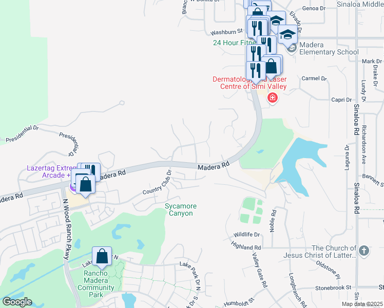 map of restaurants, bars, coffee shops, grocery stores, and more near 953 Clear Sky Place in Simi Valley
