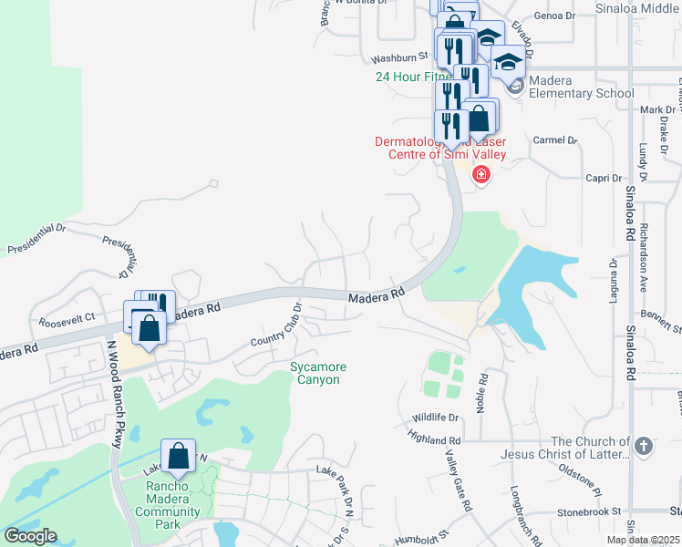 map of restaurants, bars, coffee shops, grocery stores, and more near 953 Clear Sky Place in Simi Valley