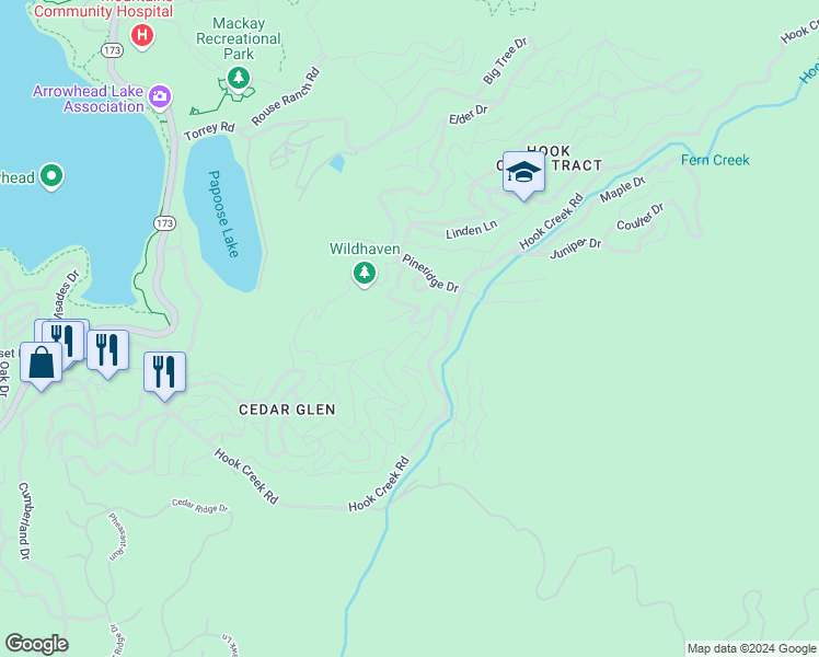map of restaurants, bars, coffee shops, grocery stores, and more near 29558 Mahogany Lane in Lake Arrowhead