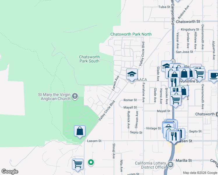 map of restaurants, bars, coffee shops, grocery stores, and more near 22421 Jeffrey Mark Court in Los Angeles