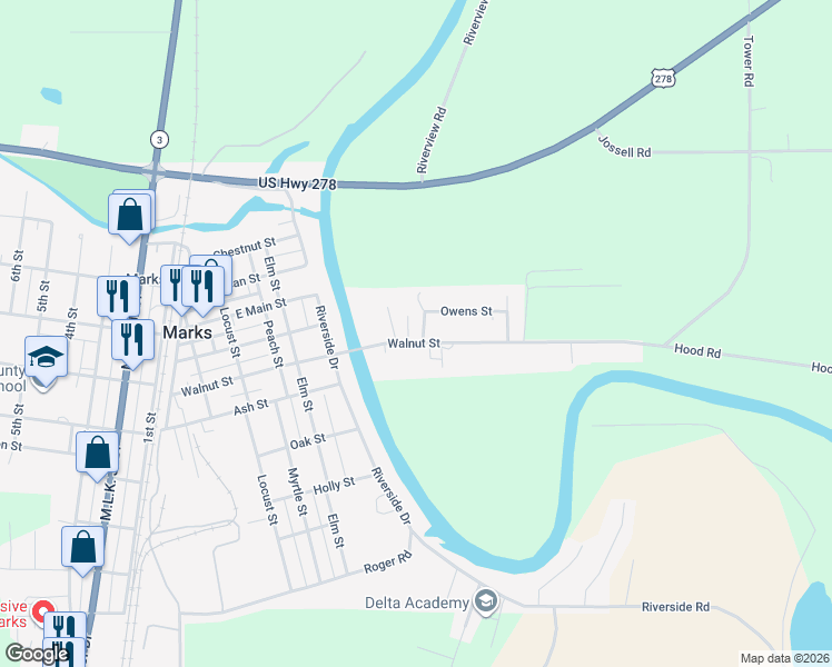 map of restaurants, bars, coffee shops, grocery stores, and more near 100 Owens Street in Marks