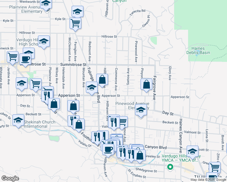 map of restaurants, bars, coffee shops, grocery stores, and more near 10319 Commerce Avenue in Los Angeles