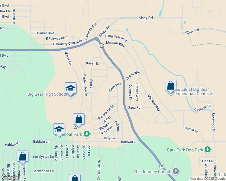 map of restaurants, bars, coffee shops, grocery stores, and more near 330 Sites Way in Big Bear