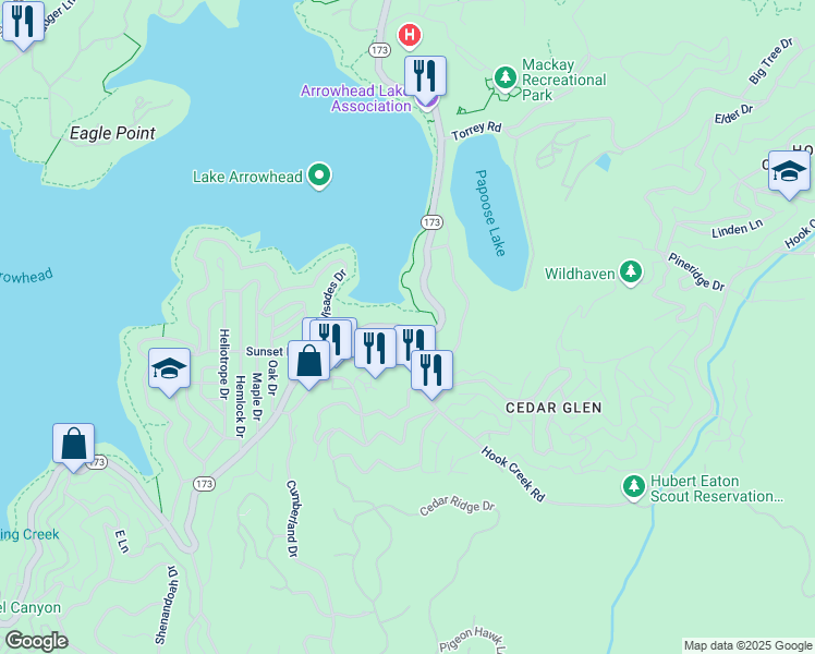 map of restaurants, bars, coffee shops, grocery stores, and more near 362 California 173 in Lake Arrowhead