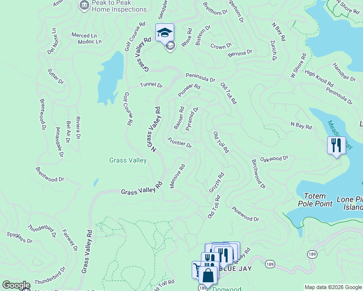 map of restaurants, bars, coffee shops, grocery stores, and more near 357 Pioneer Road in Lake Arrowhead