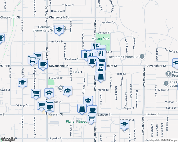 map of restaurants, bars, coffee shops, grocery stores, and more near 10227 Mason Avenue in Los Angeles