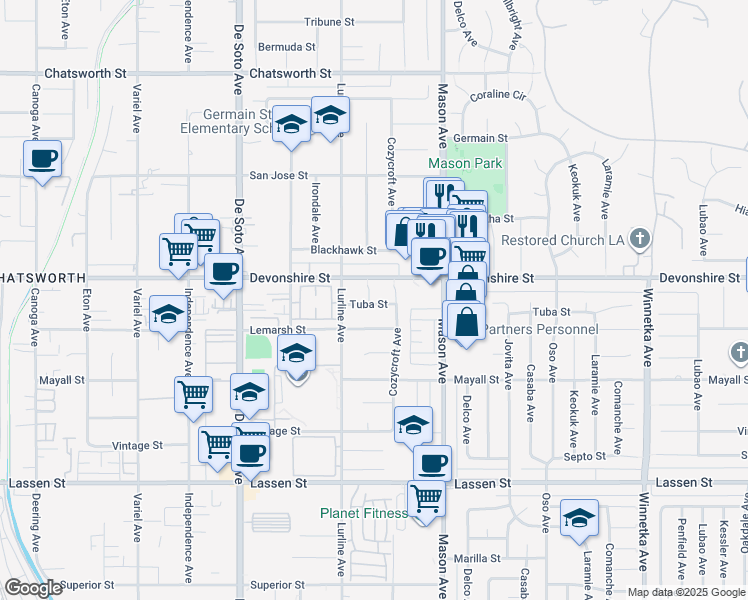 map of restaurants, bars, coffee shops, grocery stores, and more near 20625 Tuba Street in Los Angeles
